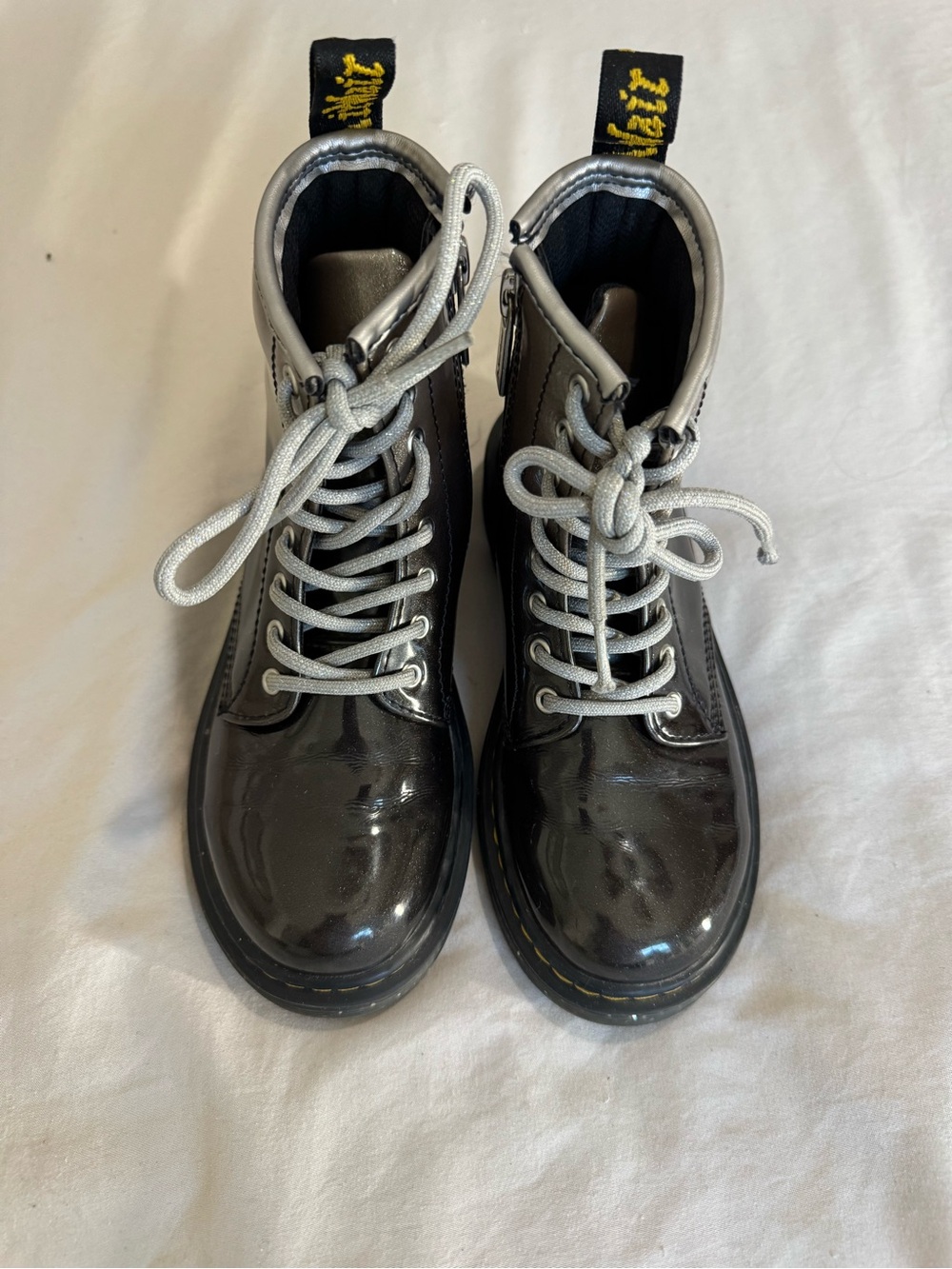 Dr. Martens Kids Black Patent Boots with Silver Laces
